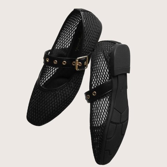Women Mesh Black Polyurethane (PU) Closed Toe Strap Buckle Ballerina Flats - Picture 3 of 5
